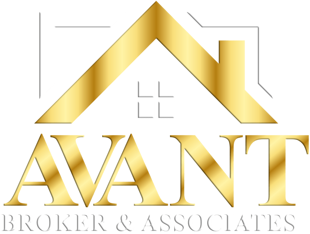 A gold and black logo for avanti broker & associates.