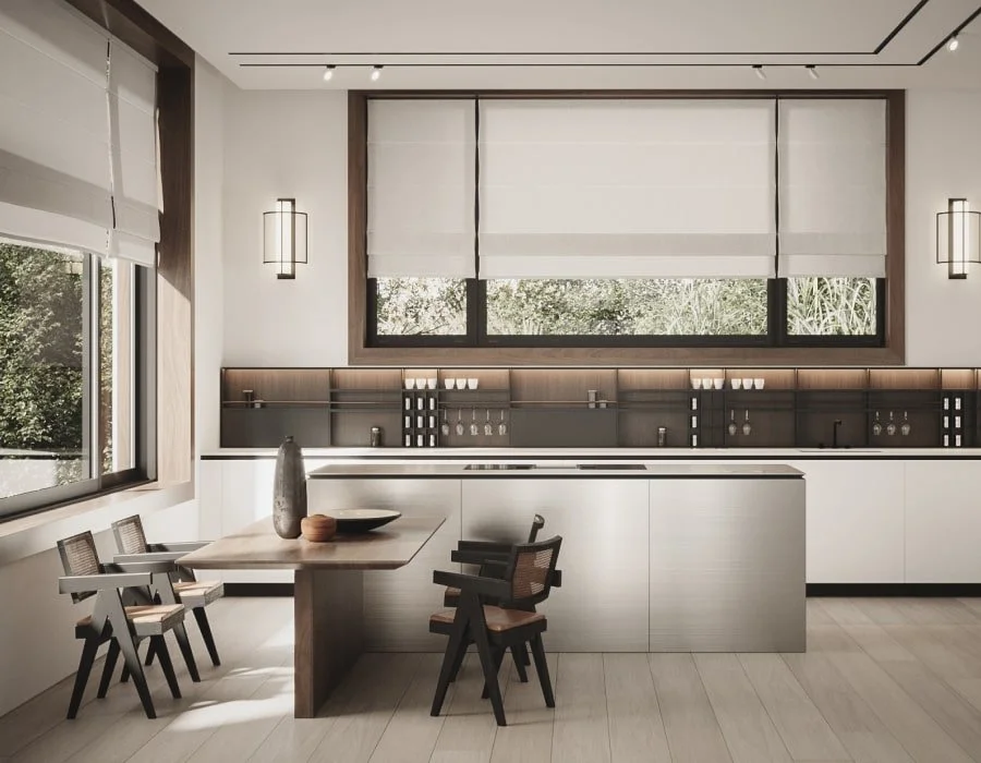 A kitchen with chairs and tables in it