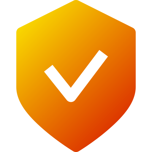 A yellow shield with an orange background and a black check mark.